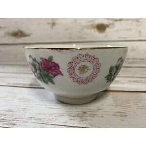 Chinese Porcelain Soup Rice Bowl Transferware Floral Design Pink and Green